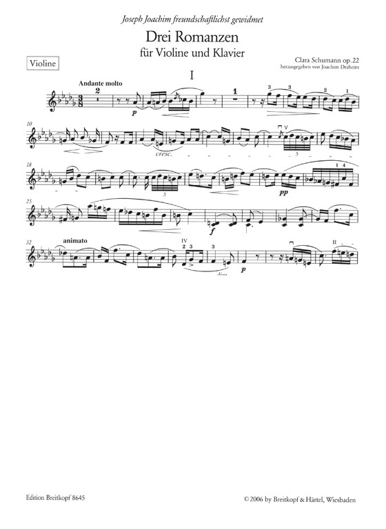 Clara Schumann Drei Romanzen für Violine und  Klavier, Op. 22
