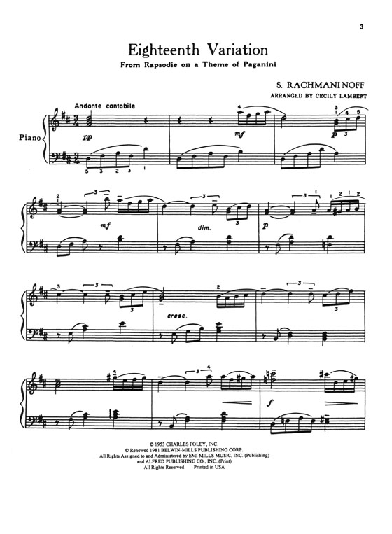 Rachmaninoff【Eighteenth Variation－ from Rhapsodie on a Theme of Paganini】Piano Solo