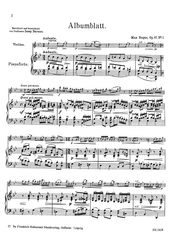 Max Reger Albumblatt Op. 87, Nr. 1 für Violine und Klavier