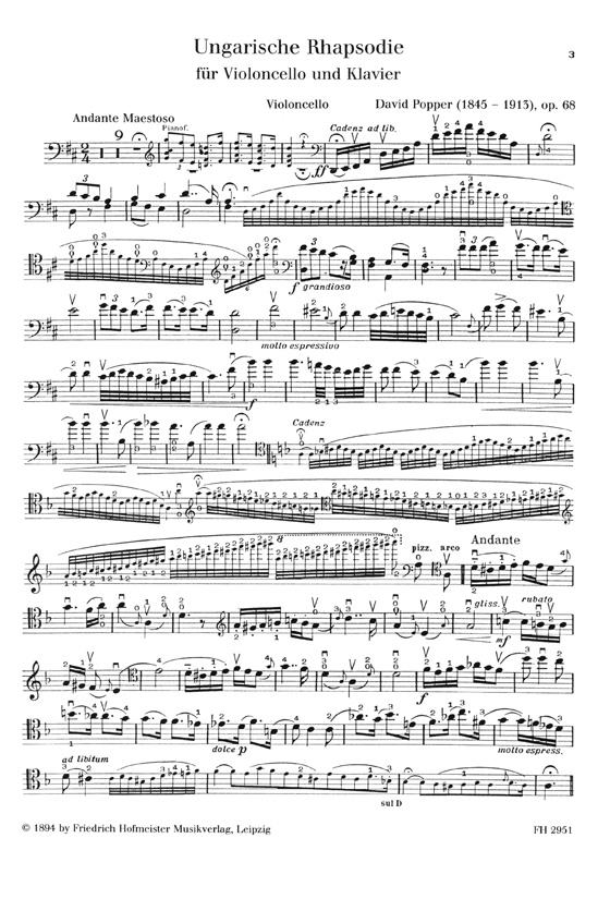 David Popper【Ungarische Rhapsodie】für Violoncello und Klavier op. 68