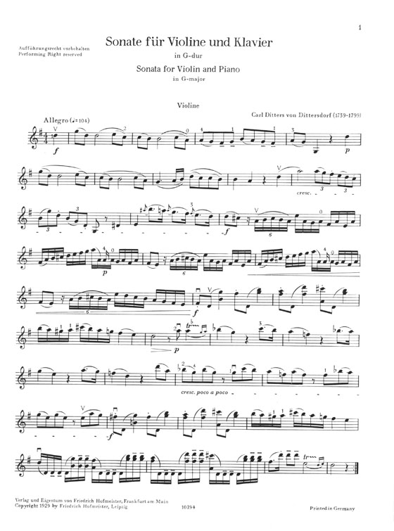 Carl Dittersdorf Sonata G-major Violin and Piano