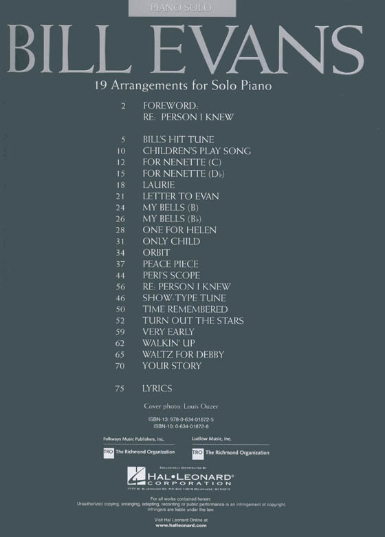 Bill Evans – 19 Arrangements for Solo Piano