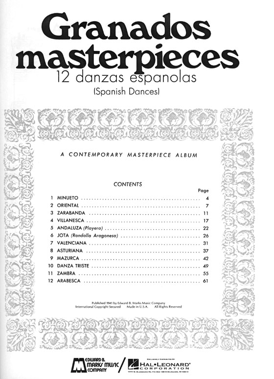 Granados Masterpieces 12 Danzas Espanolas (Spanish Dances) Piano Solo