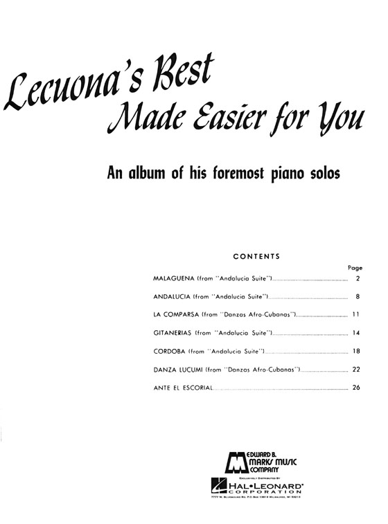 Lecuona's Best Made Easier for You - An Album of His Foremost Piano Solos