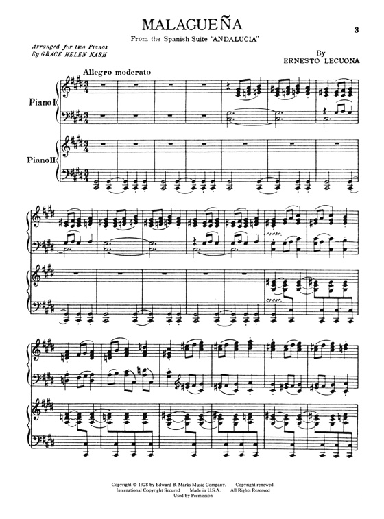 Malagueña From "Andalucia" (Suite Espagnole) by Ernesto Lecuona - Two Pianos - Four Hands