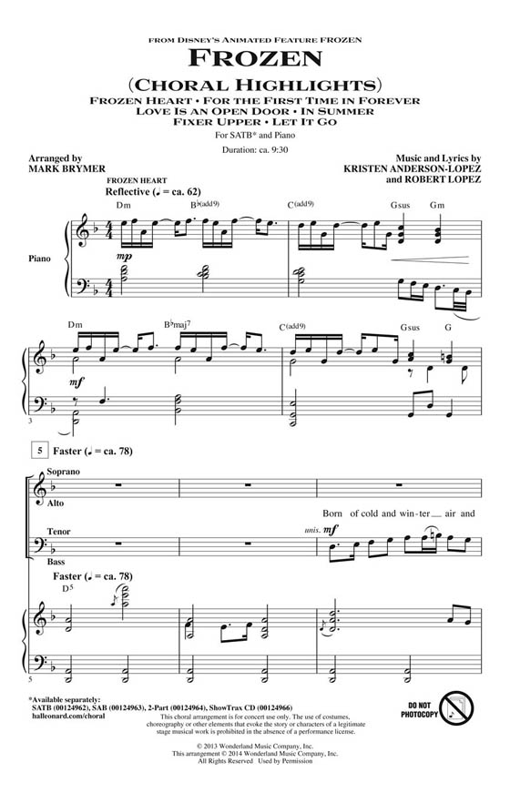 Frozen (Choral Highlights) SATB Frozen (Choral Highlights) SATB