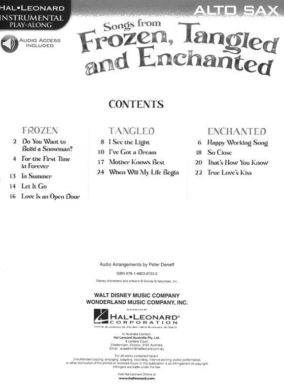 Songs from Frozen, Tangled and Enchanted, Alto Sax, Hal Leonard Instrumental Play-Along