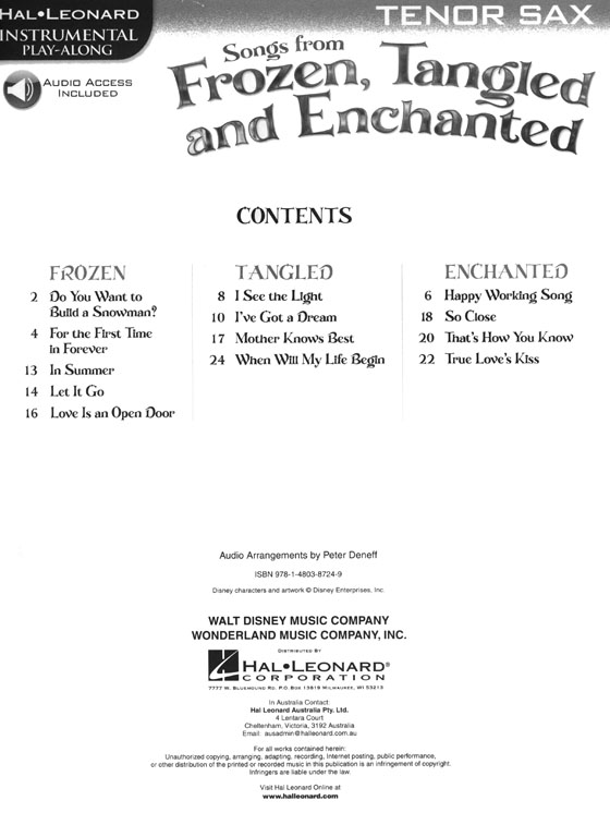 Songs from Frozen, Tangled and Enchanted, Tenor Sax, Hal Leonard Instrumental Play-Along