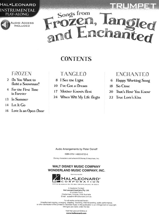 Songs from Frozen, Tangled and Enchanted, Trumpet, Hal Leonard Instrumental Play-Along