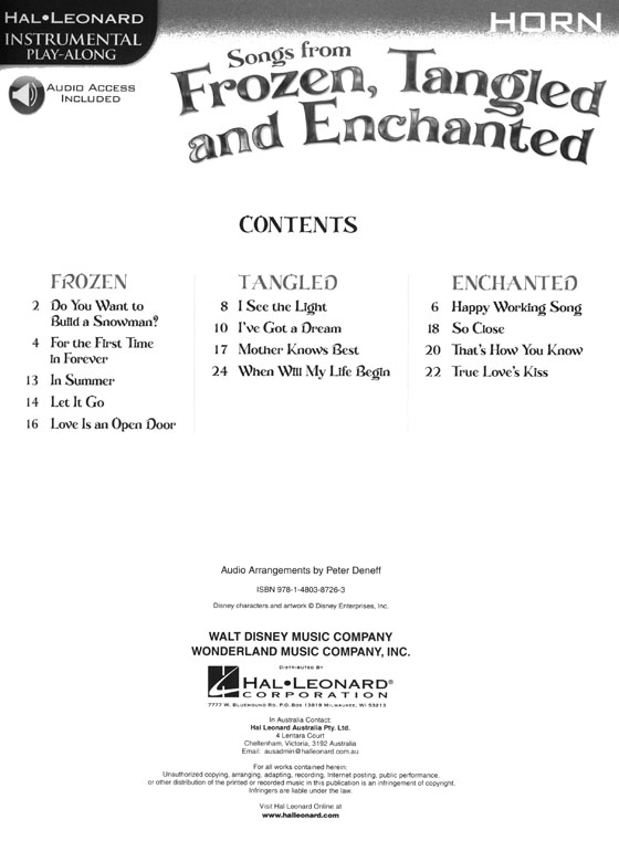 Songs from Frozen, Tangled and Enchanted, Horn, Hal Leonard Instrumental Play-Along