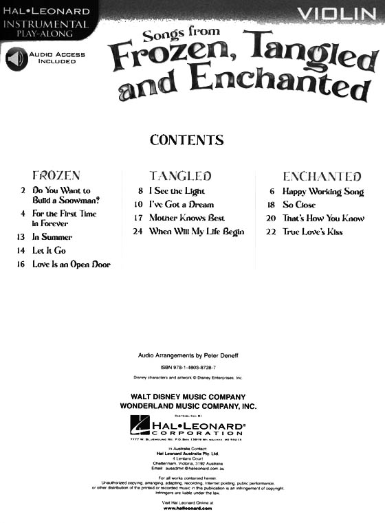 Songs from Frozen, Tangled and Enchanted, Violin, Hal Leonard Instrumental Play-Along 