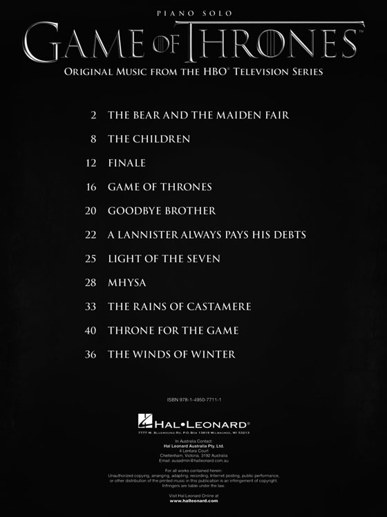 Game of Thrones Original Music from the HBO Television Series Piano Solo
