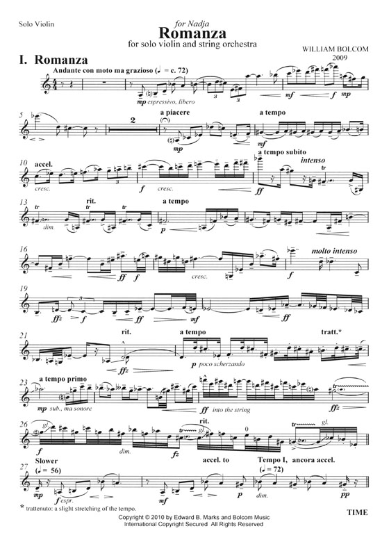 William Bolcom Romanza for Solo Violin and String Orchestra (Piano Reduction)