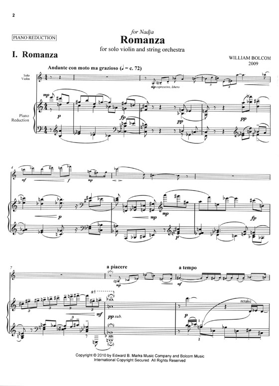 William Bolcom Romanza for Solo Violin and String Orchestra (Piano Reduction)