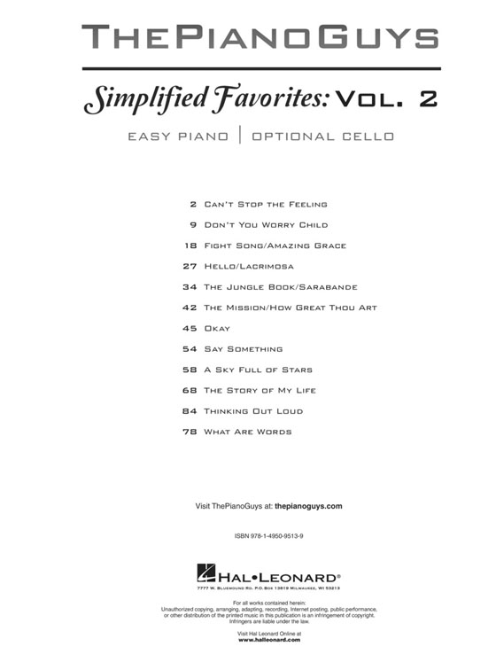 The Piano Guys –  Simplified Feavorites: Vol. 2 Easy Piano／Cello