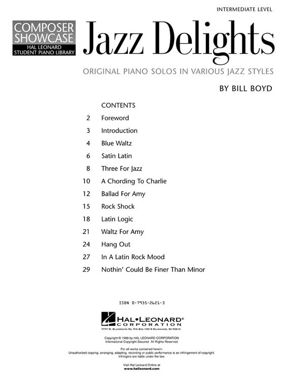 Jazz Delights Intermediate Level for Piano by Bill Boyd