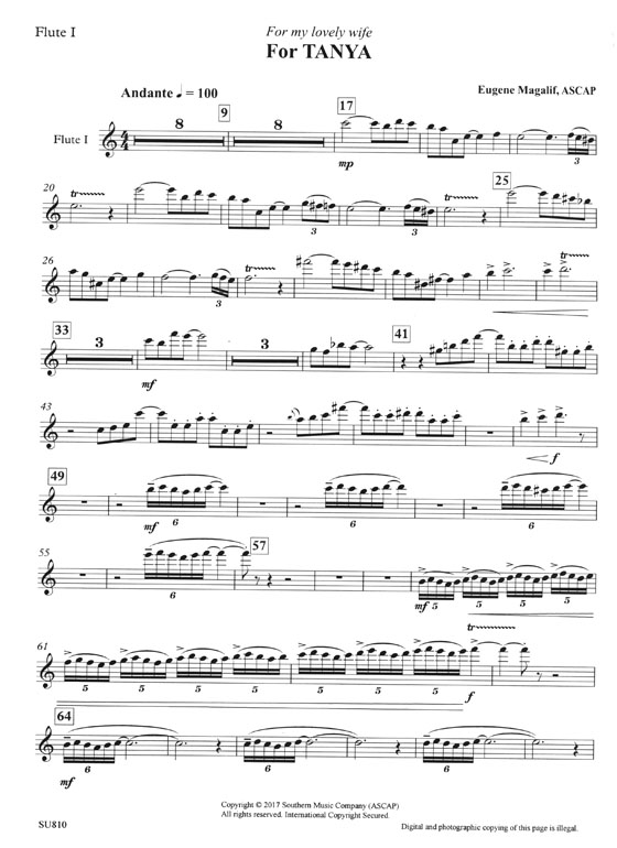 Eugene Magalif For Tanya for Flute and Piano (with Optional Flute 2 and Wind Chimes)