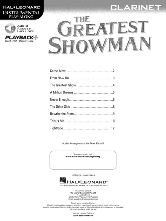 The Greatest Showman Clarinet Hal Leonard Instrumental Play-Along