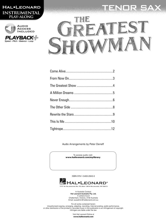 The Greatest Showman Tenor Sax Hal Leonard Instrumental Play-Along