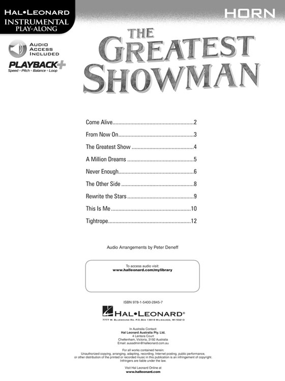 The Greatest Showman Horn Hal Leonard Instrumental Play-Along