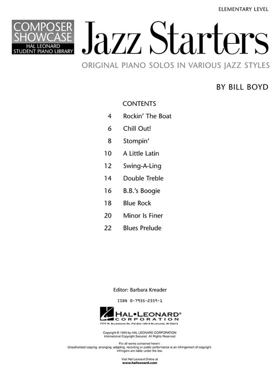 Jazz Starters  Elementary Level for Piano by Bill Boyd