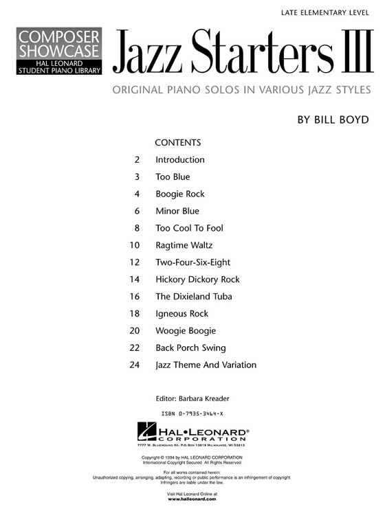 Jazz Starters Ⅲ Late Elementary Level for Piano by Bill Boyd