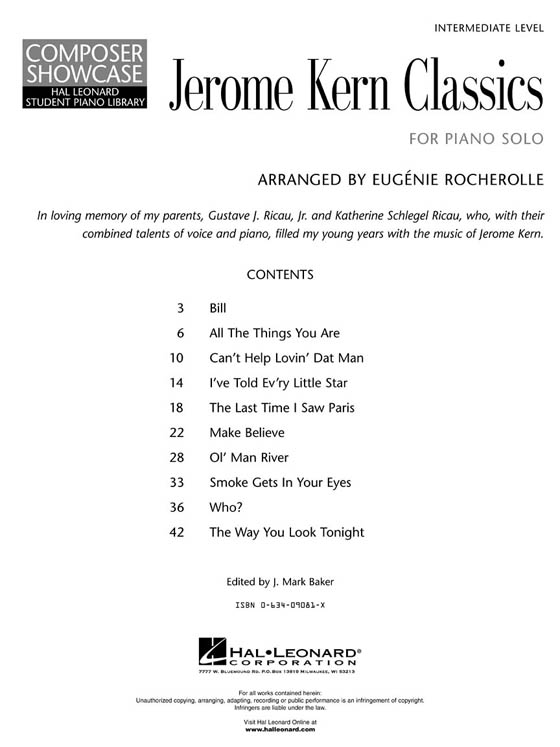 Jerome Kern Classics for Piano Solo Intermediate Level