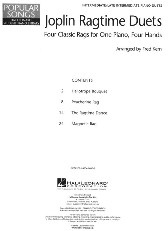 Joplin Ragtime Duets Hal Leonard Student Piano Library