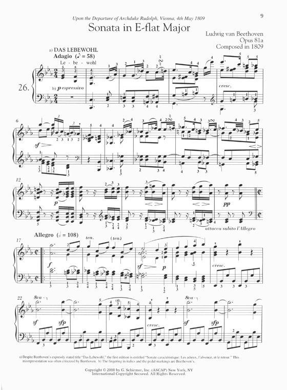 Beethoven Piano Sonata No. 26 in E-flat Major Opus 81a ("Das Lebewohl")
