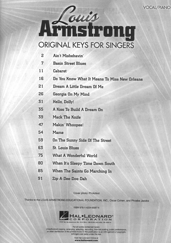 Louis Armstrong Original Keys for Singers Vocal／Piano