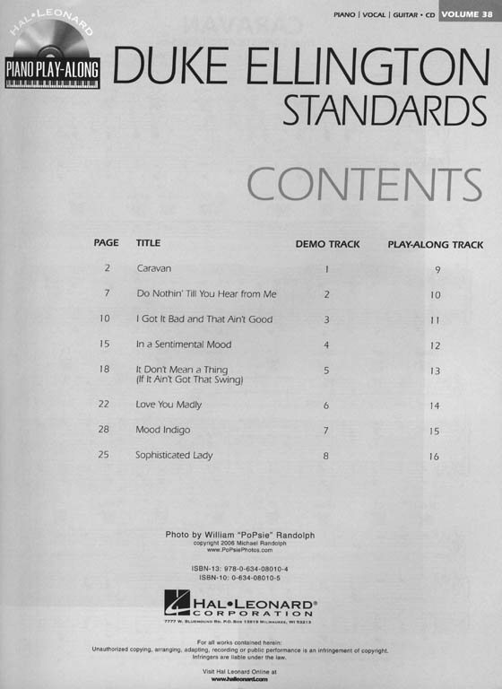 Duke Ellington Standards Hal Leonard Piano Play-Along Volume 38