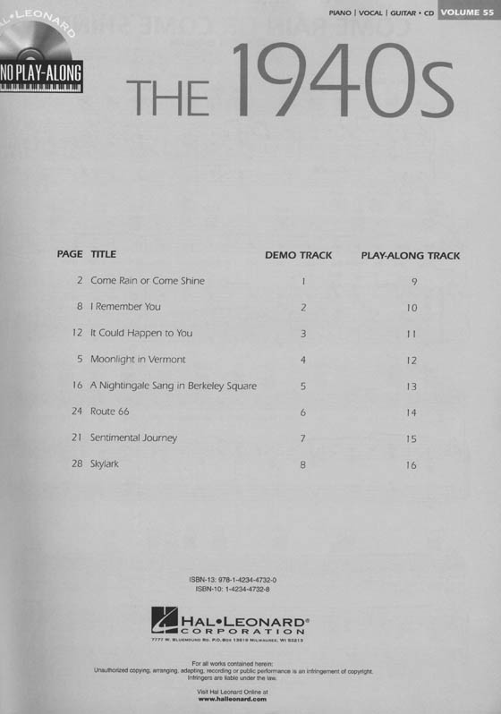 The 1940s - Hal Leonard Piano Play-Along , Volume 55