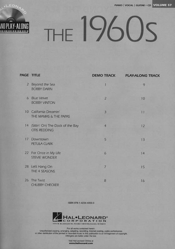 The 1960s - Hal Leonard Piano Play-Along , Volume 57
