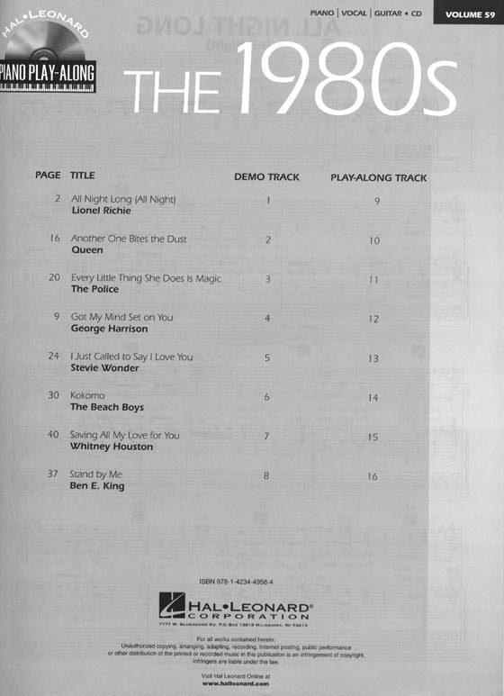 The 1980s - Hal Leonard Piano Play-Along , Volume 59
