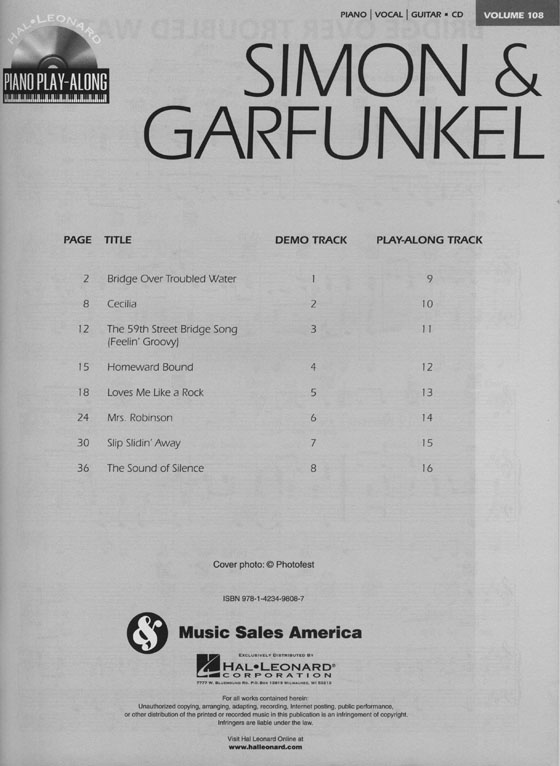 Simon & Garfunkel Hal Leonard Piano Play-Along Volume 108