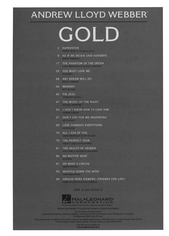 Andrew Lloyd Webber【Gold】Piano‧Vocal‧Guitar