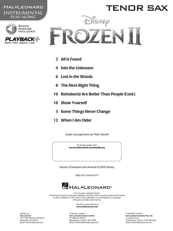 Frozen Ⅱ Tenor Sax Hal Leonard Instrumental Play-Along