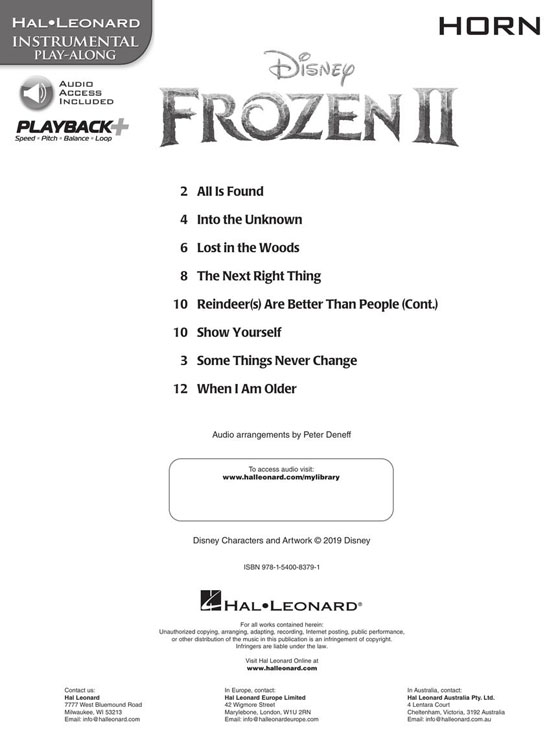 Frozen Ⅱ Horn Hal Leonard Instrumental Play-Along