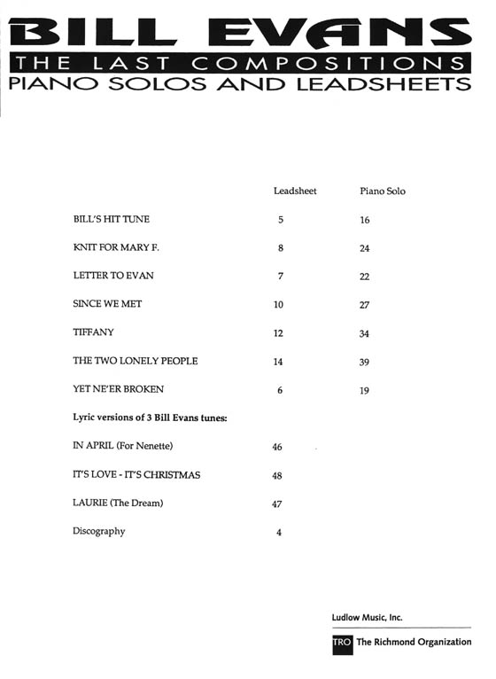 Bill Evans The Last Compositions Piano Solos and Leadsheets