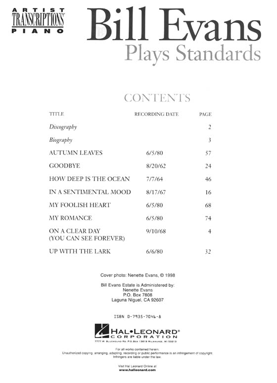 Bill Evans Plays Standards Artist Transcriptions‧Piano