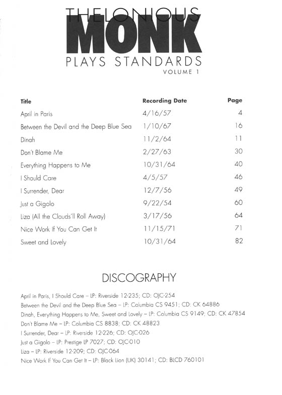 Thelonious Monk Plays Standards, Volume 1 Artist Transcriptions‧Piano