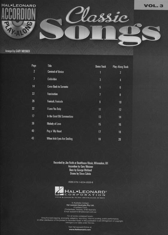 Classic Songs Hal Leonard Accordion Play-Along Volume 3