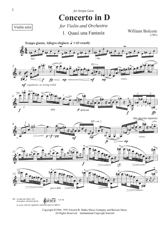 William Bolcom Concerto in D for Violin and Orchestra Violin and Piano Reduction