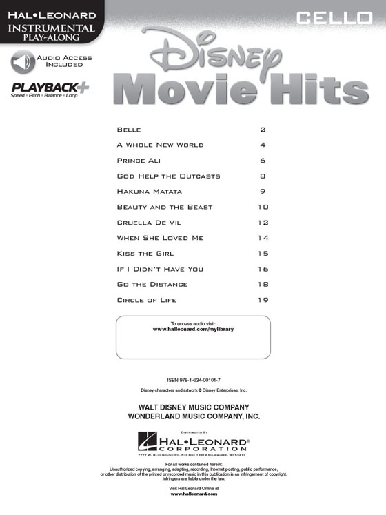 Disney Movie Hits for Cello Hal Leonard Instrumental Play-Along