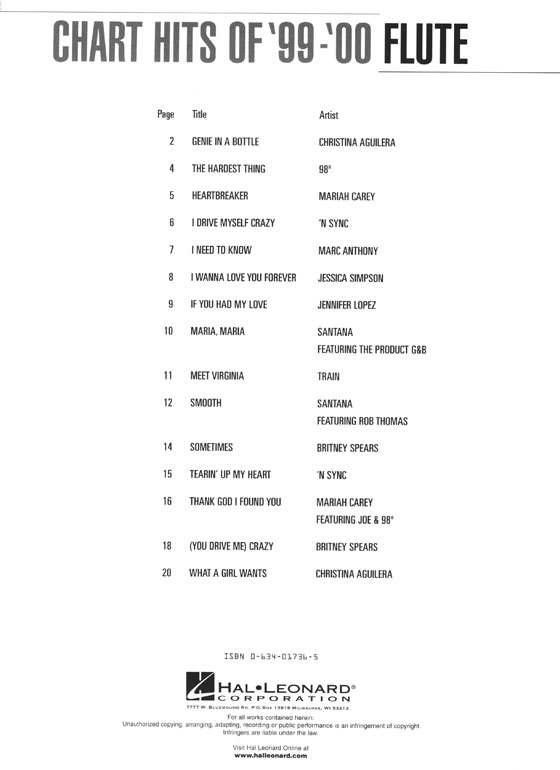 Chart Hits of '99-'00 For Flute