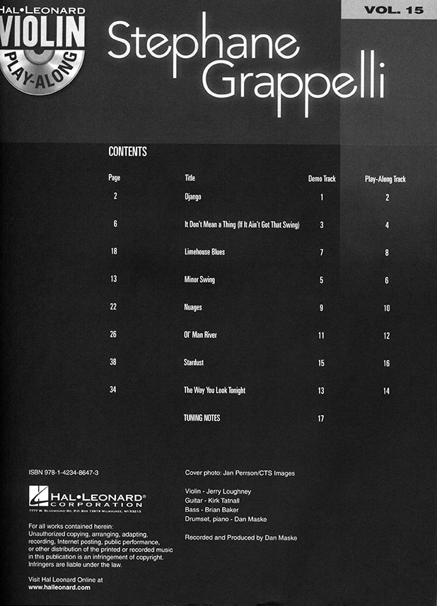 Stephane Grappelli Hal Leonard Violin Play-Along Volume 15