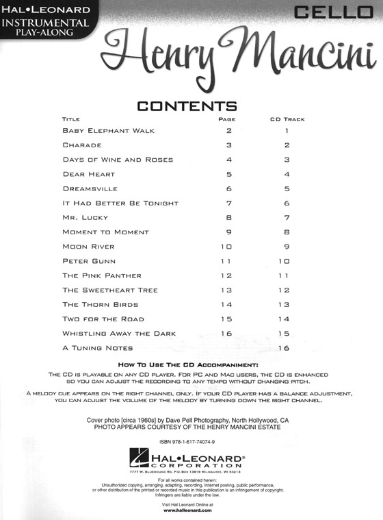 Henry Mancini‧Cello Hal Leonard Instrumental Play-Along for Cello