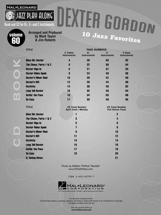 Dexter Gordon Hal Leonard Jazz Play-Along Vol. 60