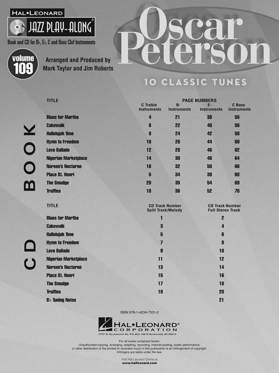 Oscar Peterson Hal Leonard Jazz Play-Along Vol. 109