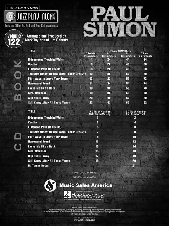 Paul Simon Hal Leonard Jazz Play-Along Vol. 122